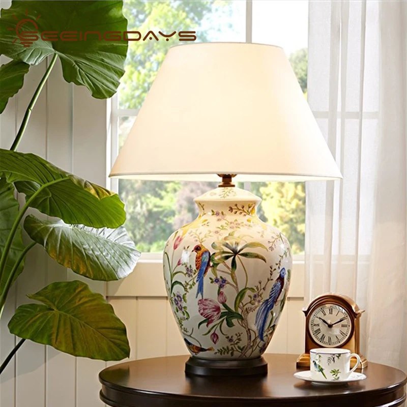 

Coral Flower and Bird Ceramic Table Lamp Hand-Painted Ceramic Table Lamp Crack Glaze Living Room Table Lamp