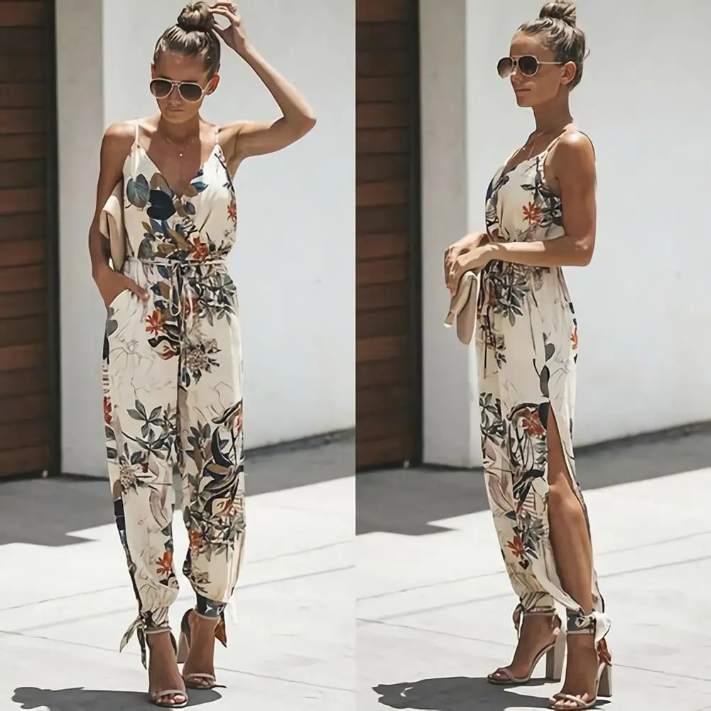 2023 Women's Jumpsuit Bohemian Casual Jumpsuit Women's Sexy Backless Deep V Neck Floral Print Tie Jumpsuit Jumpsuit