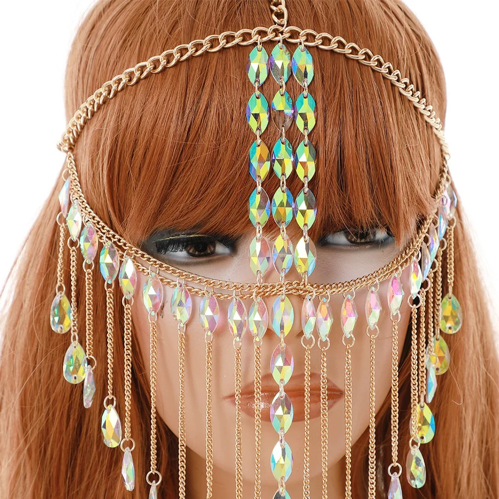 Ethnic Style Head Chain Vintage Metal Crystal Head Chain Tassel Acrylic Pendant Hair Chain Women Hair Hoop Accessories