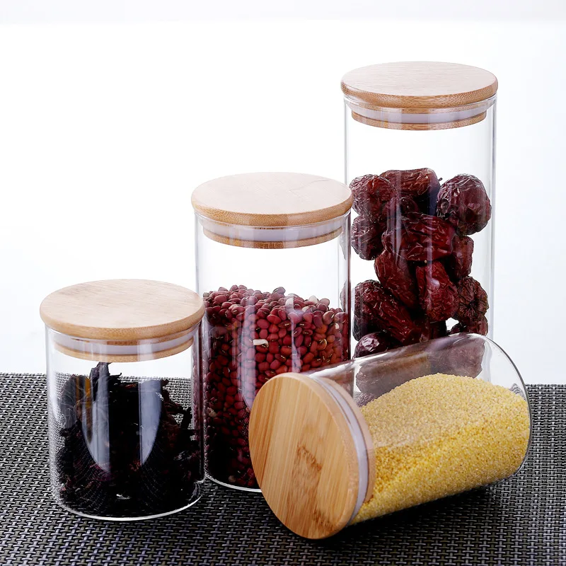 Transparent Glass Jars with Bamboo Lids, Food Storage Containers with Lid, Sealed Small Bottle, Kitchen Items