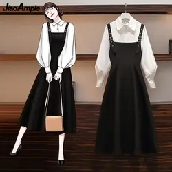 Women's Falls Two Pieces Dress Set 2023 Spring Autumn Office Lady Graceful Puff Sleeve Shirt+long Skirts Suit Basic Outfits