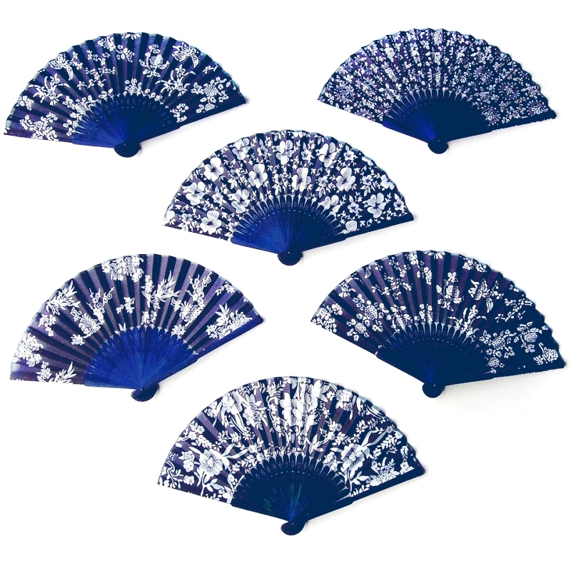 50PCS Traditional Chinese Style Blue Color Bamboo Fabric Folding Fan With Mixed Flower Designs For Ladies and Home Decorations