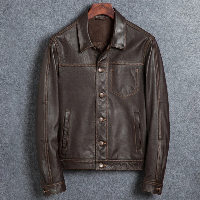 Jacket Genuine Leather Men Short Vintage Autumn Cow Leather Jackets and Coats Motorcycle Veste Cuir Homme 1926 YY297