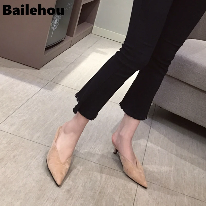 Bailehou 2019 New Summer Flock Leather Pointed Toe Women Slippers Low Heel Slip On Mules Outsides Ladies Slides Slippers Pumps