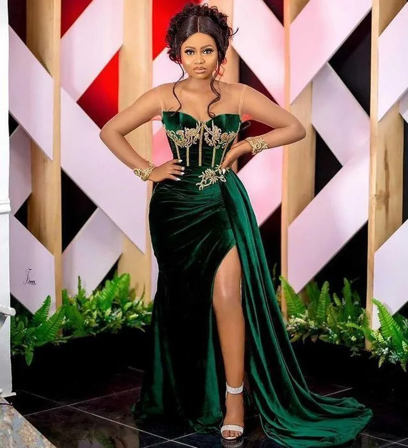 2025 Green African Prom Party Dresses Sexy Slit Sweetheart Arabic Aso Ebi Velvet Evening Gown Abendkleider Vestidos Custom Made