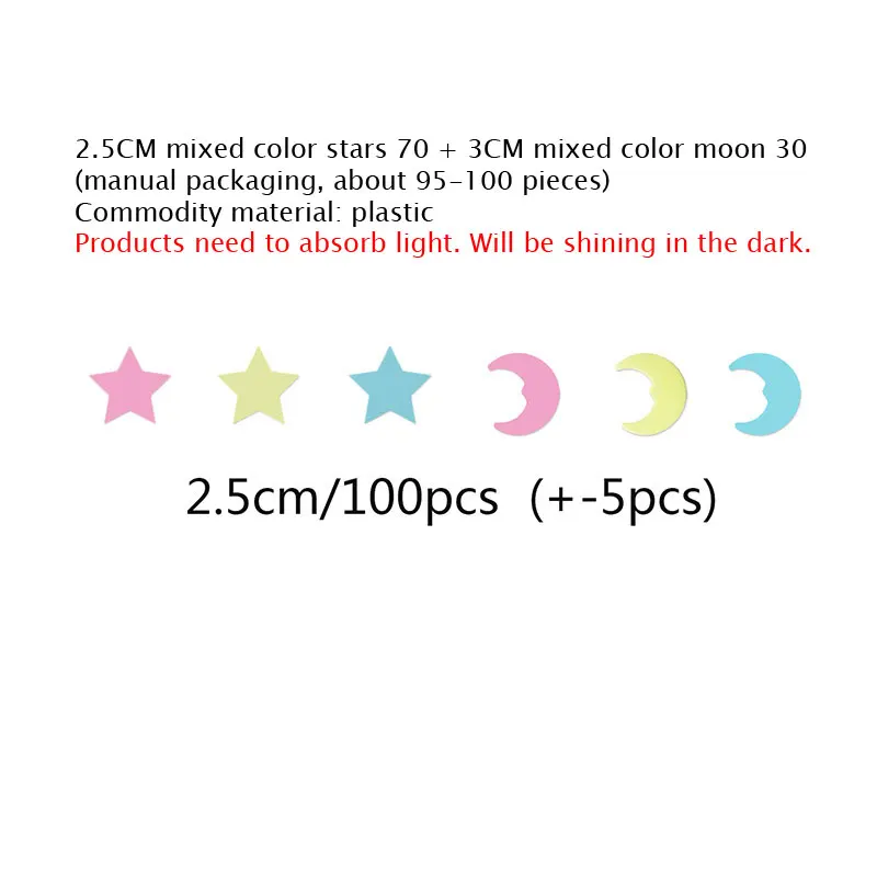 100Pcs Luminous Mixed Color Star Moon 3D Wall Sticker Kids Baby Rooms Living Room Glow In The Dark Home Decorations Stickers