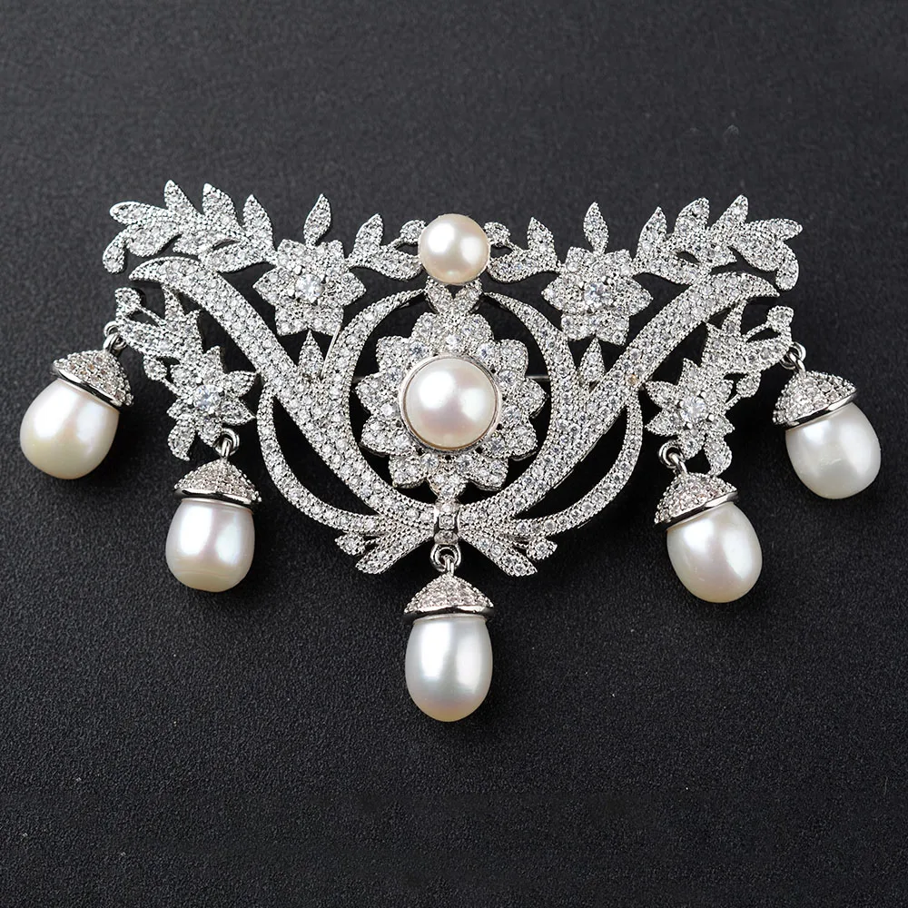 Fresh Water Pearl Golden Plated Cubic Zircon Micro Pave Flower Brooch