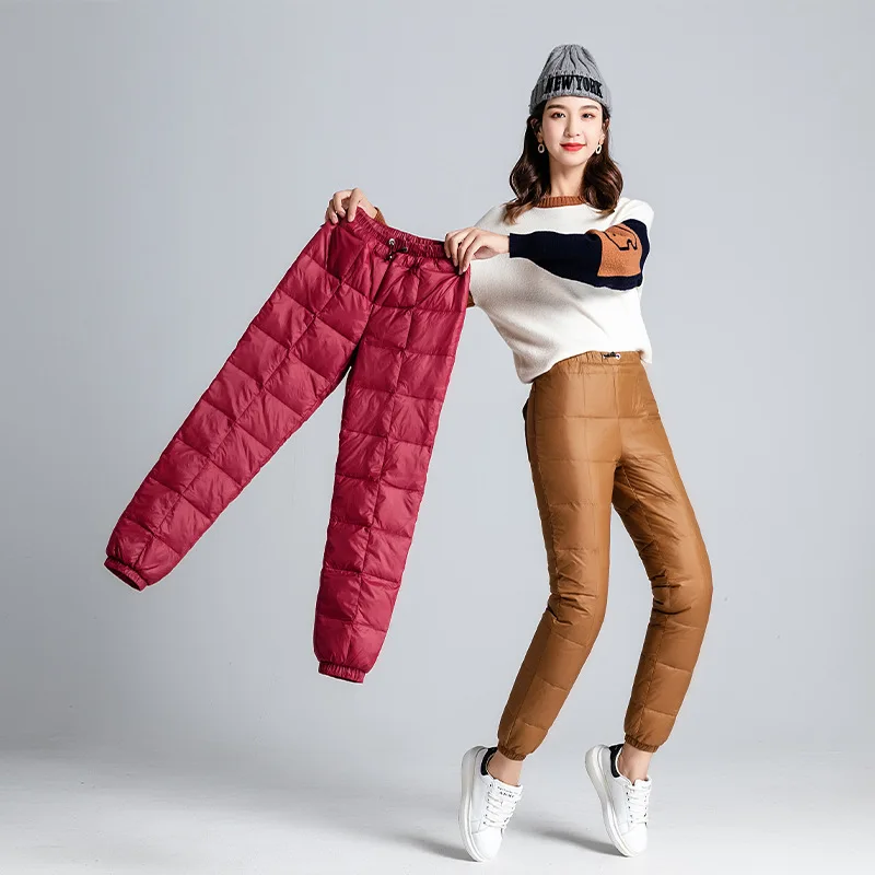 

Winter Warm Skiing Down Cotton Pants Womens High Waist Slim Straight White Duck Down Trousers Outdoor Thick Thermal Down Pants