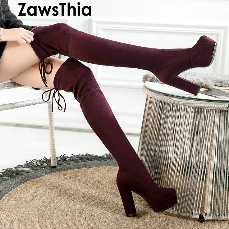 ZawsThia luxury brand stretch fabric elastic platform block high heeled boots woman over the knee boots fashion thigh high boots