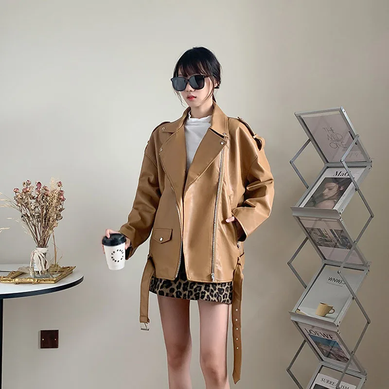 Spring Autumn Faux Leather Jackets Women Vintage Brown Loose Casual Coat Motorcycle Outwear With Belt Long Sleeve Streetwear