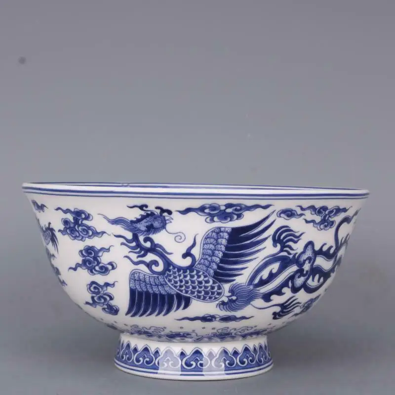 Chinese Blue and White Porcelain Qing Qianlong Dragon Phoenix Design Bowl Antique Porcelain Noodle Bowl 6.1 inch