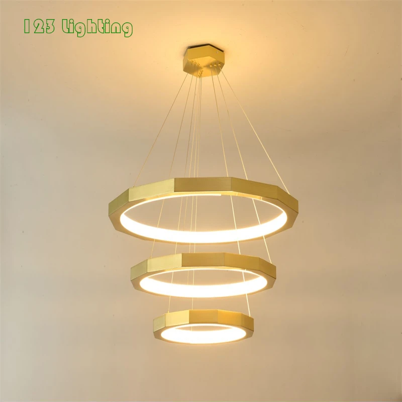 Modern Polygon LED Chandeliers Gold Metal Hotel Hall Parlor Bedroom Hanging Light Fixtures Cord Adjustable New Design Unique