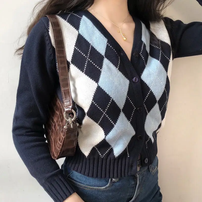 FIGOHR Female Vintage Argyle Knitting V-neck Contrast Cardigan Cropped Top For Women Slim Rhomboid Cardigans Autumn Winter Coat