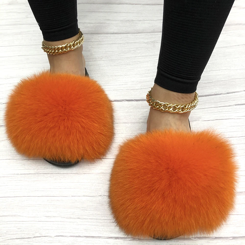 Fluffy Slippers Slides Real Fox Fur Women Outdoo Flat Flip Flops Sandals Big Fur House Slippers Female Summer Beach Shoes New