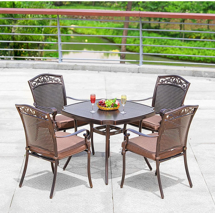 

Garden Furniture Modern Cast Aluminum Frame Durable Outdoor Dining BBQ Table Set ADT222