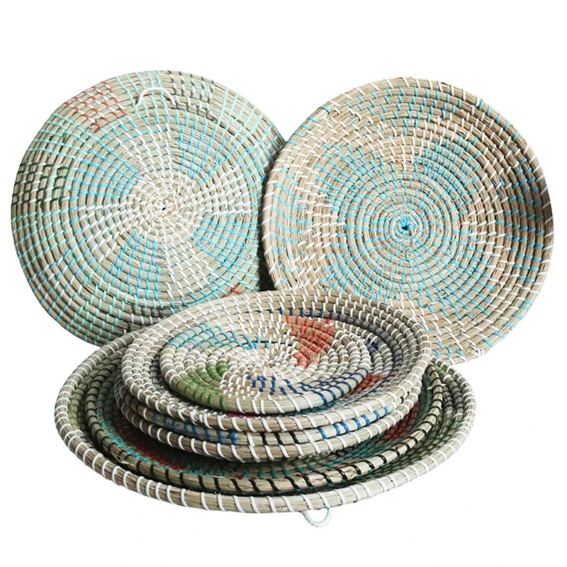 Natural Seagrass Rattan Wall Plates Decorative Fruit Dishes for Home Kitchen Living Room Boho Straw Woven Wall Decor Ornaments