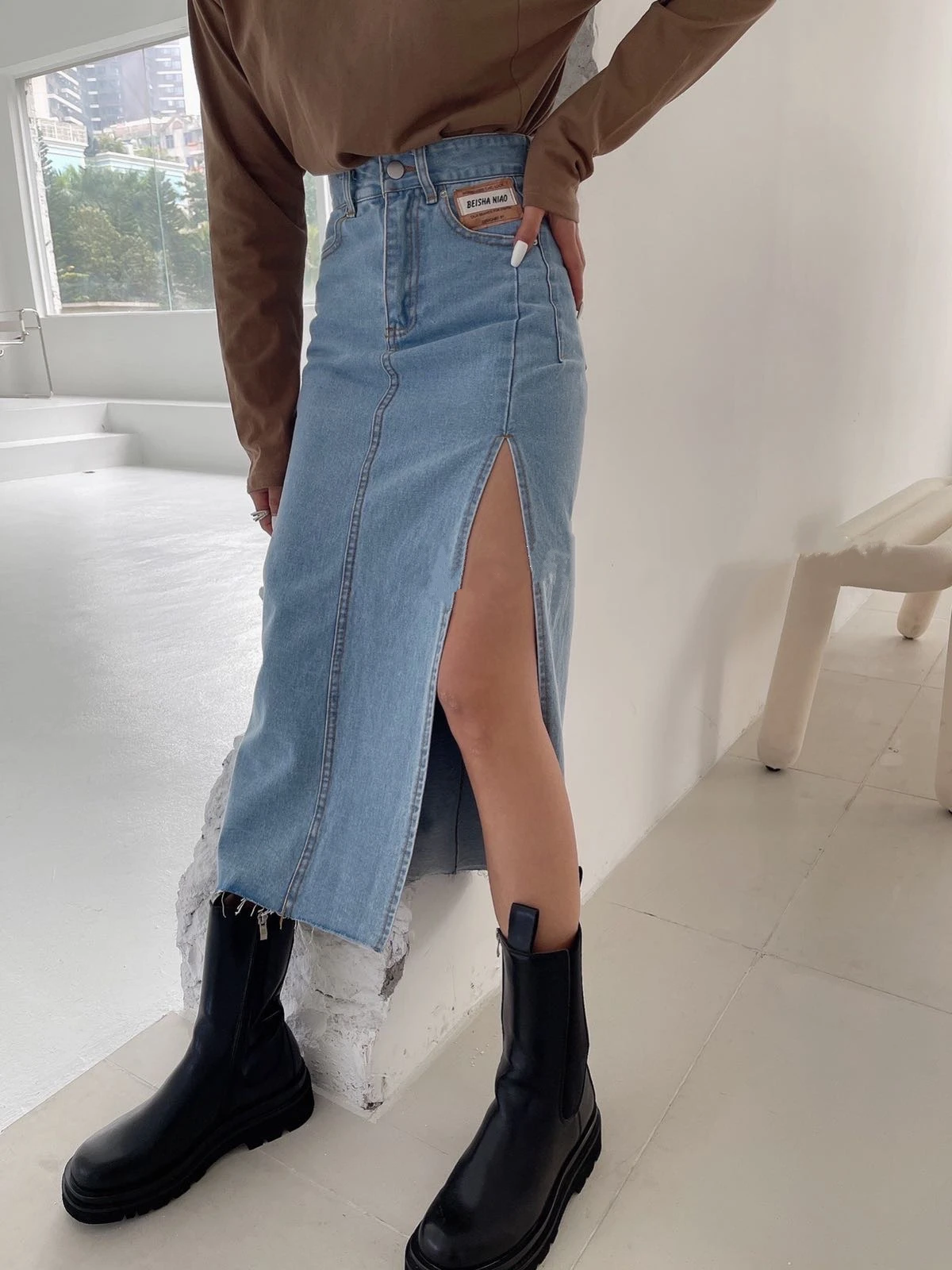 Seoulish Summer 2022 New Women\'s Long Denim Skirt Vintage High Wasit Jeans Skirt Female Straight Side Split A-line Pencil Skirts