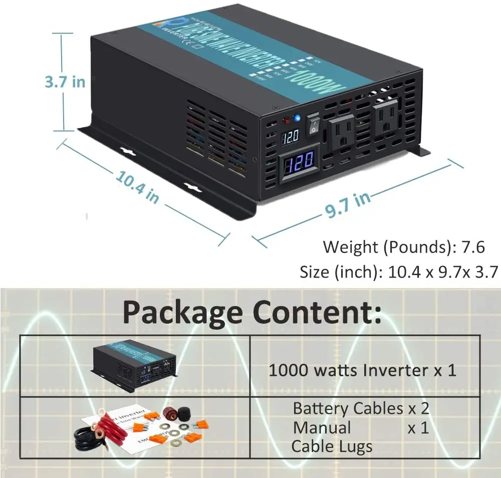 Imagem -06 - Inversor de Onda Senoidal Pura Potência 24v 220v Fora da Grade Backup Inversor Solar Power Bank Conversor 12v 48v dc para 120v 230v 240v ac 1000w
