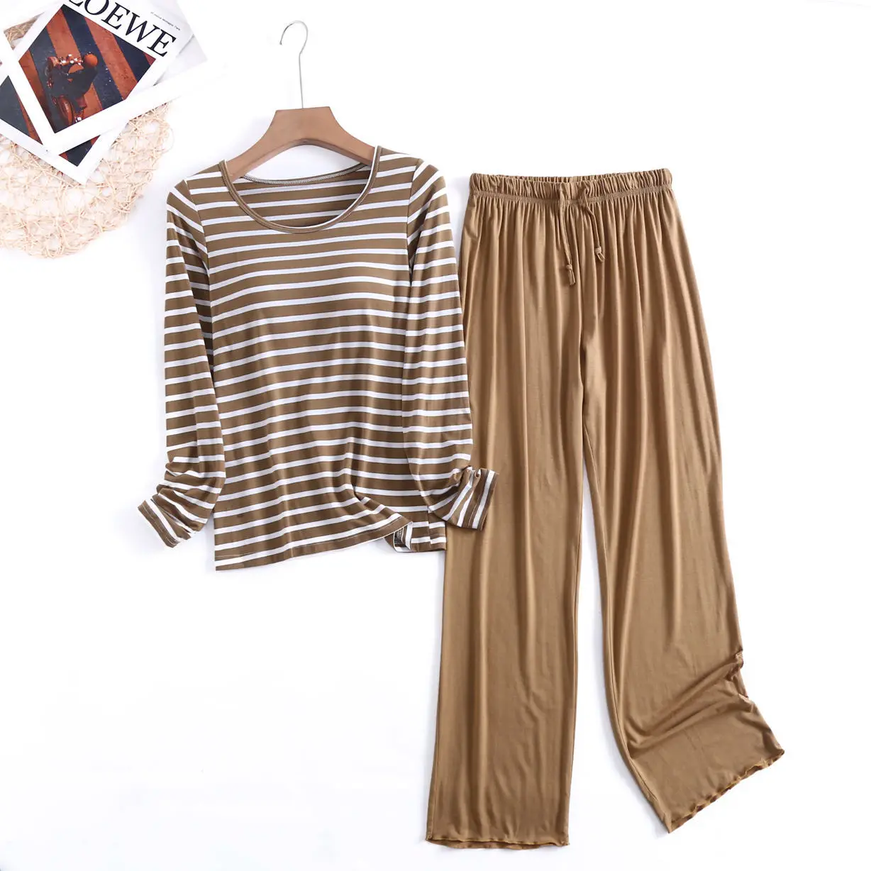 Fdfklak Conjunto Femenino New Striped Modal Cotton Sleepwear Women pantaloni a manica lunga Set 2 pezzi primavera autunno Home Pijama