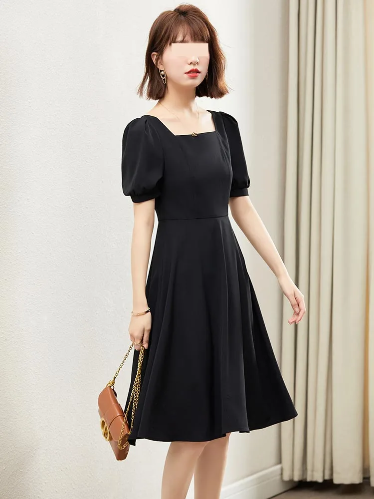 Short-sleeved Dress Female Summer 2021 New Korean Style Mid-length Square Collar Black Little Black Dress Base A-line Skirt