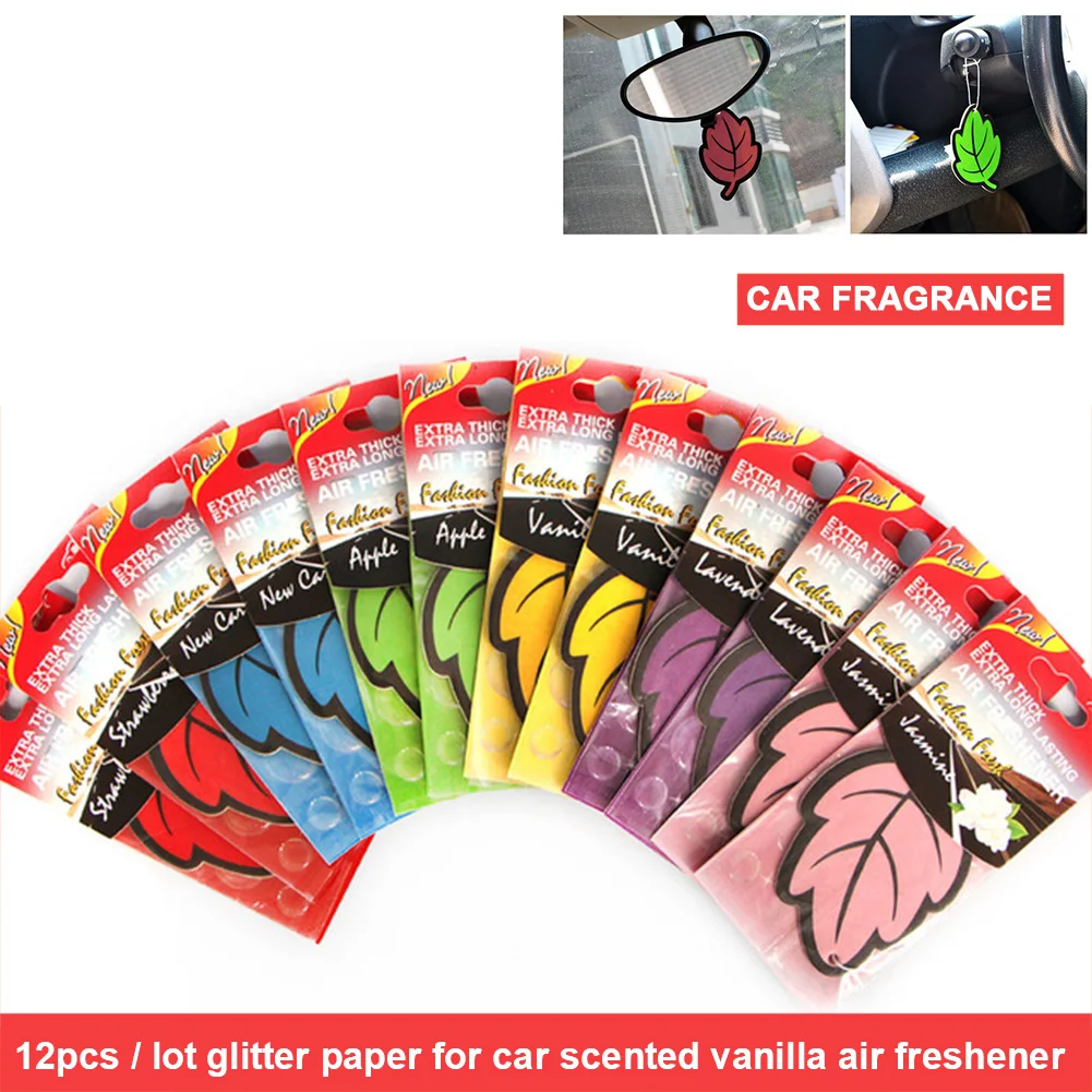 12Pcs/Set Auto Shine Paper Hanging Glitter Paper Car Air Freshener Scented Vanilla Fragrance Leaf Shape For Car Home Boat