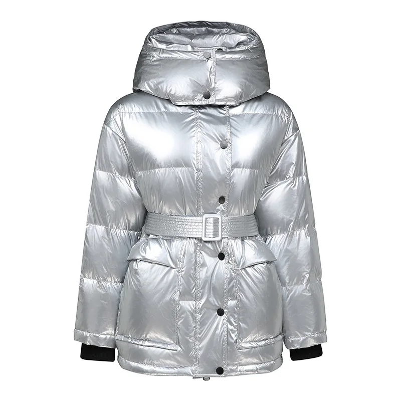 Silver down jacket Women\'s Hooded Mid-Length Warm Thick Slim Down Coat Winter Solid With Belt Female Feather Parka Streetwear