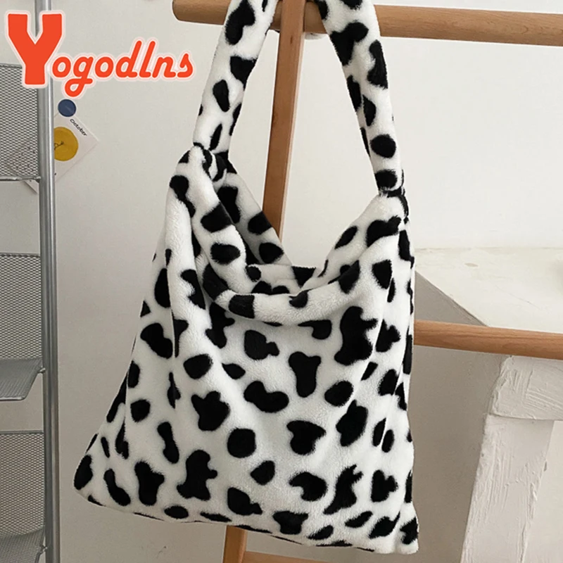 

Winter New Plush Shoulder Bag Female Animal Pattern Crossbody Bag Warm Wool Messenger Bag Large Capacity Bucket Handbag