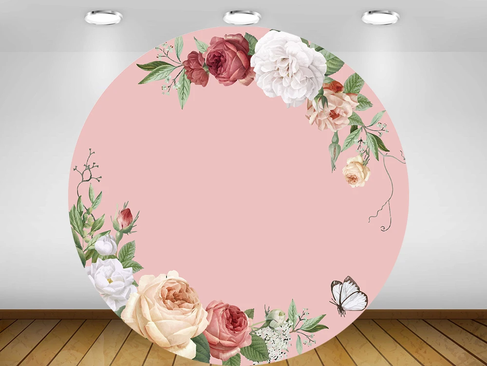 BEIPOTO Wedding Flower Backdrop Bridal shower party decoration round background floral pink baby shower custom name photo Y-01