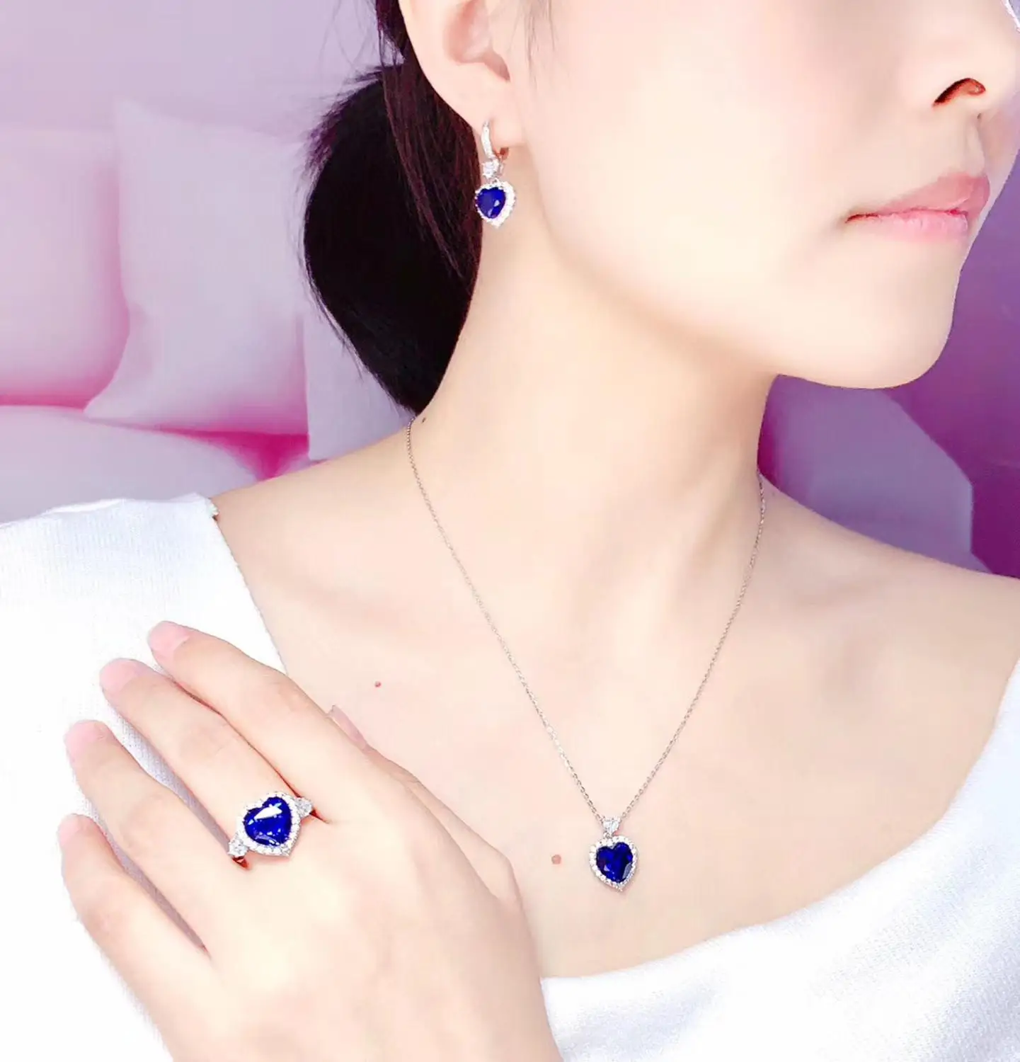 Best Gift Natural and Real Sapphire jewelry set Natural Real Sapphire 925 sterling silver 1pc pendant,1pc ring,2pcs Earring