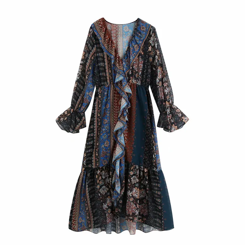 Evfer Women Fashion Bohemian Print Patchwork Za Long Dress Chic Lady V-Neck Long Sleeve Pleated Ruffles High Waist Chiffon Dress