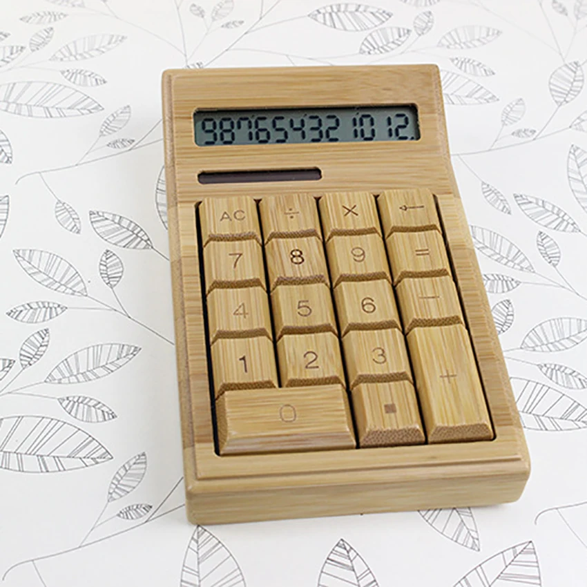 Standard Functional Desktop Bamboo Calculator Solar Battery Electronic Calculator with 12-Digit Large Display for Student Office