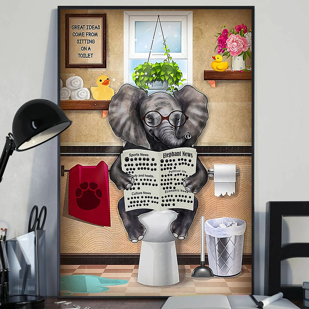 Elefant lesen Zeitung Toilette Wand Kunst Leinwand Poster Drucke lustige Tier Malerei Wand Bilder Badezimmer Home Decor Geschenk