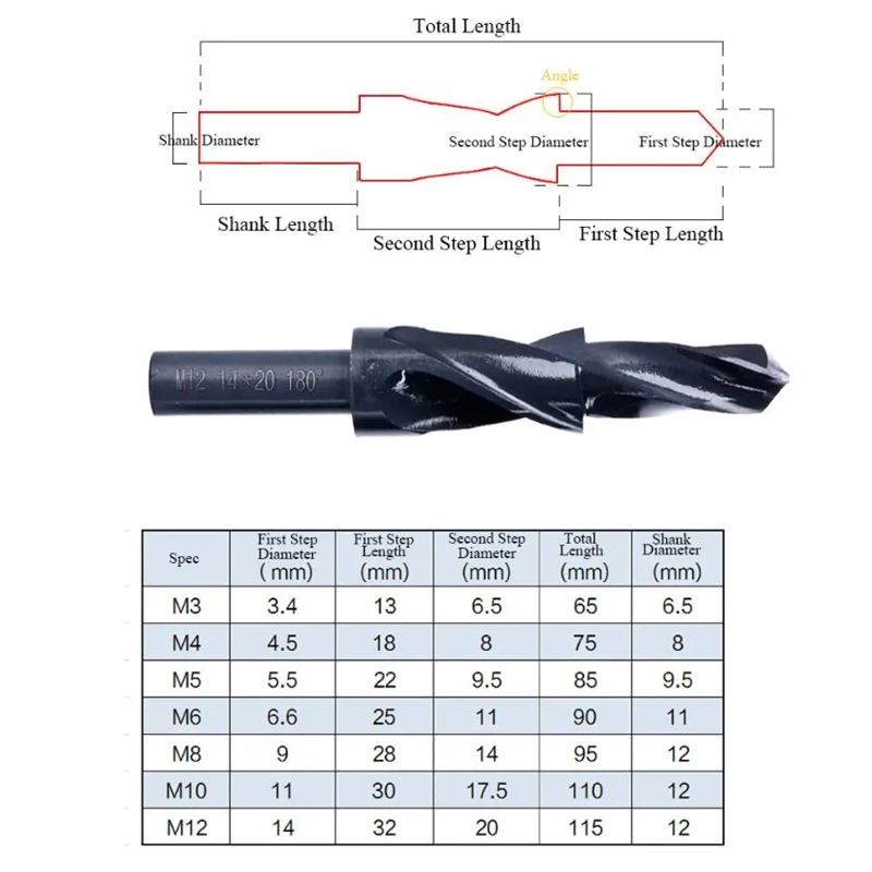 M3-12 90/180 Degree HSS-6542 Twist Step Drill Bit Two Stage Conutersunk Drill Sub-Step Drill