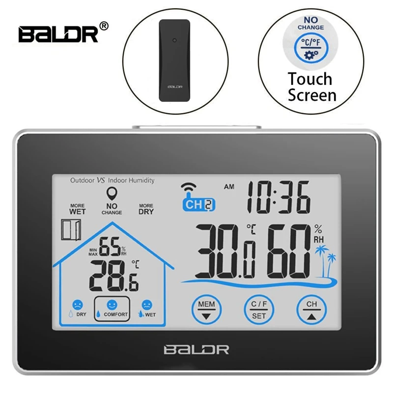 Baldr Weather Station Touch Screen In/Outdoor Thermometer Hygrometer Forecast Calendar Comfort Indicator Wireless Remote Sensor