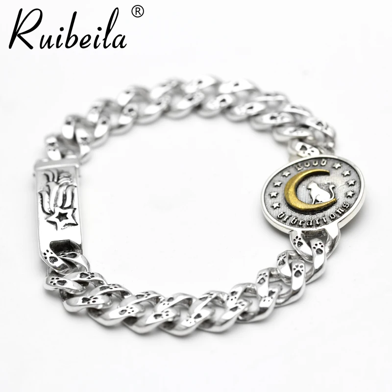 RuibeilaS925 Silver Star Moon Mignon Chat Chat Empreinte Bracelet Femme Rétro Thai Argent Bracelet Bijoux Cadeau