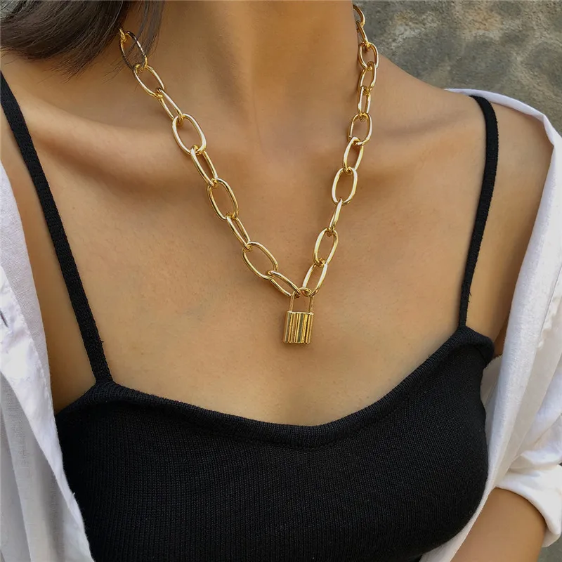 New Lock Pendants Punk Necklaces for Women Gold Color Hollow Chain Personality Female Neck Jewelry gothic Neck Decoration