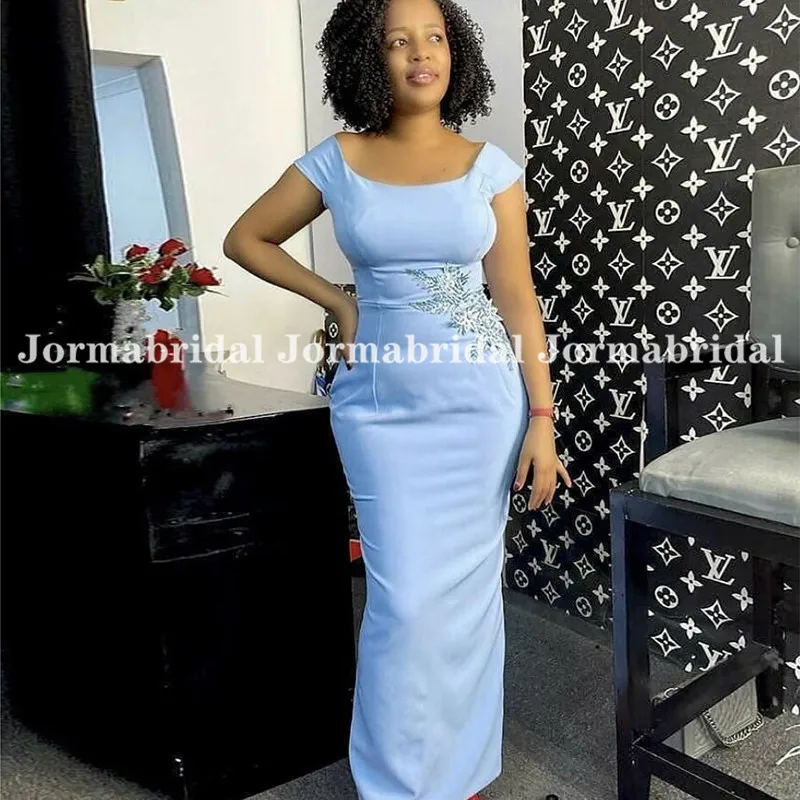 Sky Blue Mermaid Bridesmaid Dress With Cap Sleeve 2021 New Stretch Satin Formal Prom Party Gown Women Long Gala Wedding Dress