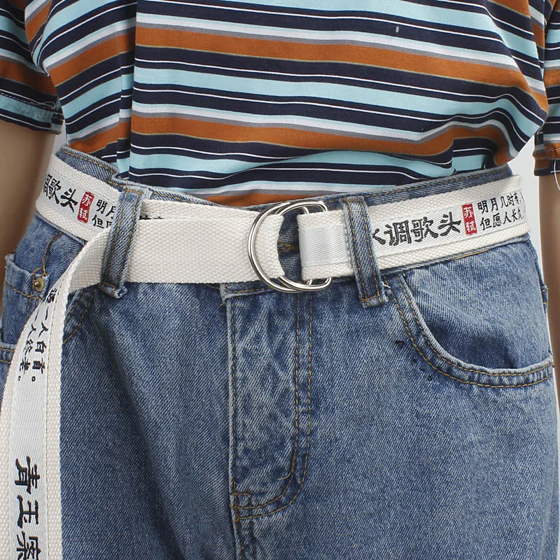 

Fashion Canvas Belt For Men Women Jeans Harajuku Chinese Characters Personality Double Ring Buckle Belt white Waistband Z30