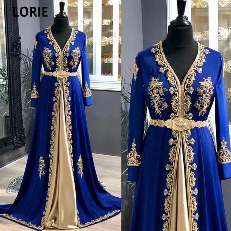 LORIE Royal Blue Muslim Evening Dresses Crystals Dubai Formal Gown A-Line V-Neck Women Moroccan Caftan Party Dress Customized