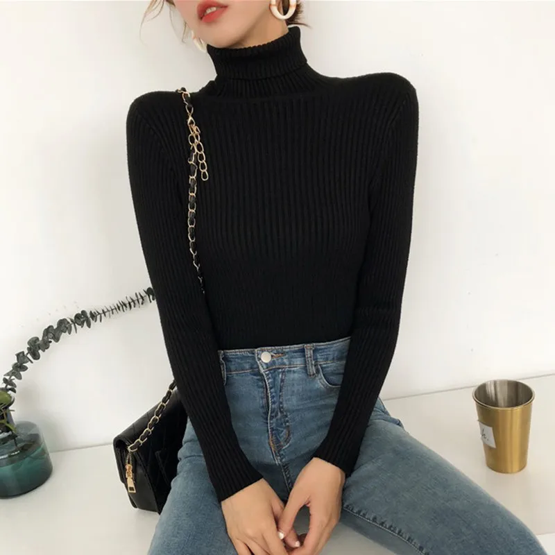 Autumn Women  High Neck Sweater Slim Soft Long Sleeve Knit Pullover Sexy Slim Stretch Turtleneck Sweaters