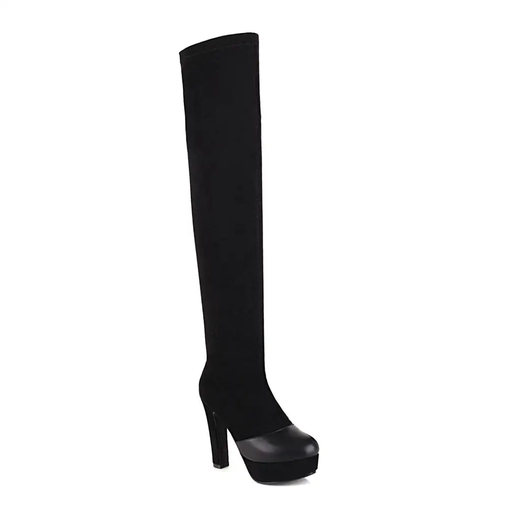 2024 Round Toe Thick Heel High Platform Stretch Cloth Over The Knee Boots Super High Heel Stretch Leather Velvet Sexy Boot