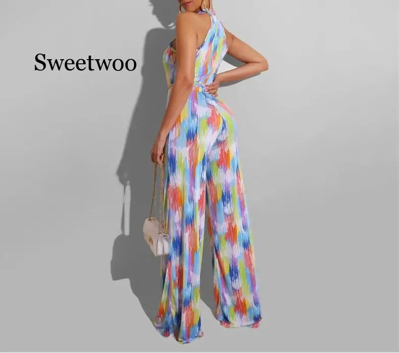 2020 Nieuwe Zomer Vrouwen Rompertjes Tie Dye Print Halter Hals Open Back Straight Jumpsuit Sexy Night Club Party Speelpakje Bodysuit