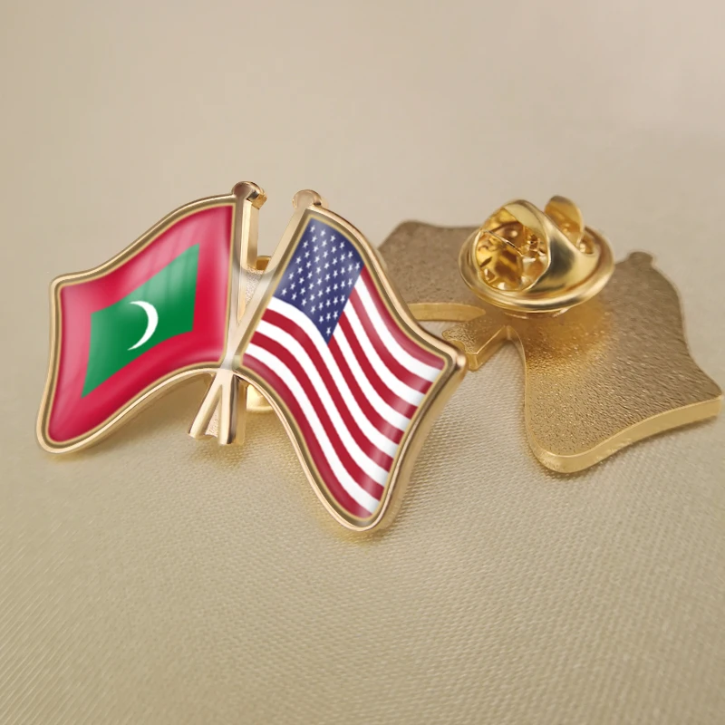 Maldives and United States Crossed Double Friendship Flags Lapel Pins Brooch Badges