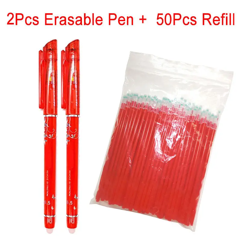 50+2Pcs/Set 0.5mm Blue Black red Ink Gel Pen Erasable Refill Rod Erasable Pen Refill Washable Handle School Writing Stationery