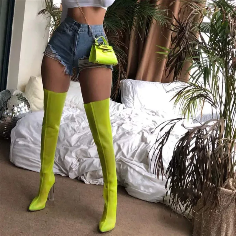 

2023 Fashion Luxury Mesh Neon Thigh High PVC Clear Heels Boots Women Overknee Boots Summer Slouchy Long Botas Green Orange