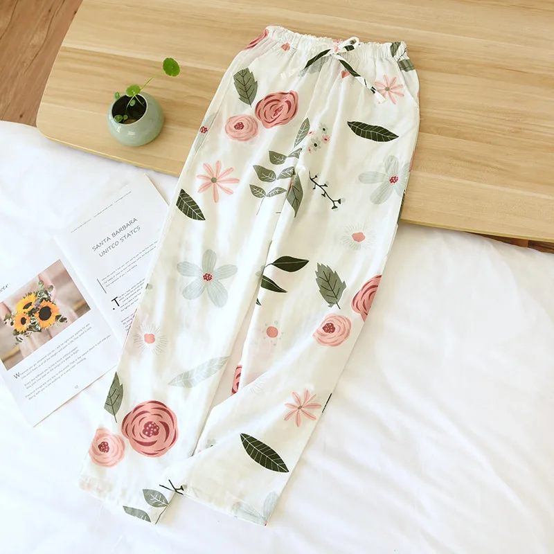 Pantalones de algodón de gasa para el hogar para mujer, ropa de dormir holgada con estampado fresco, gran oferta, verano, 100%