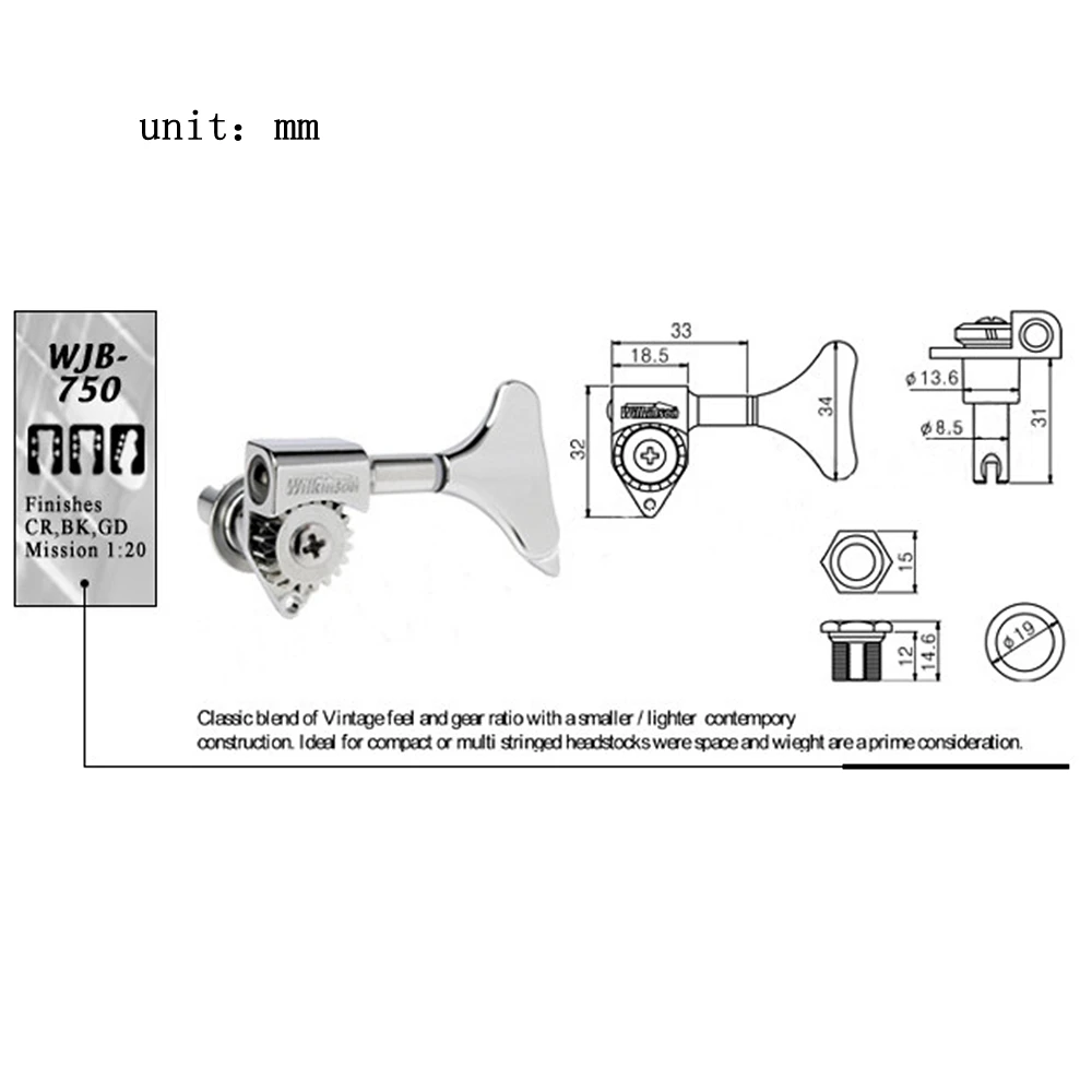 1set Guitar Tuning Pegs Wilkinson WJB-750 Bass Guitar Machine Heads Tuners 2R2L/4L/4R 3 Coloer