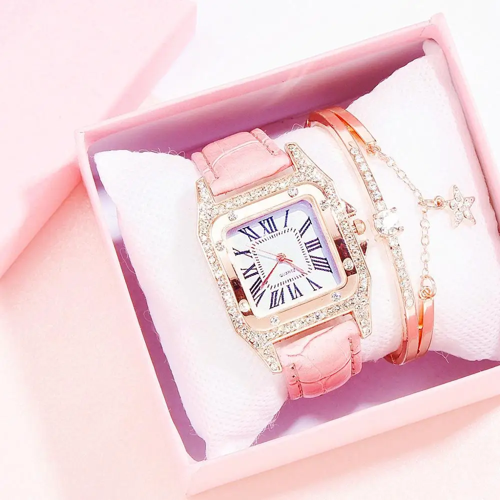 

Square Dial Rhinestone Women Watch Set Quartz Leather Ladies Wristwatch Bracelet Luxury Female Clock Fashion Slaes montre femme