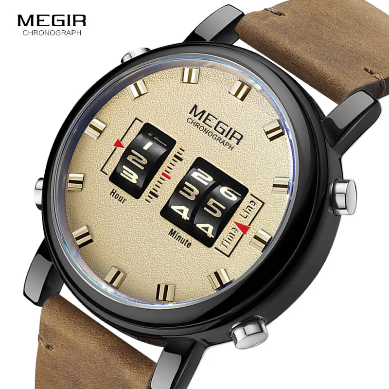 MEGIR Digital Watch Man Luxury Top Brand Quartz Watches Men Leather Relogio Masculino 2019 New Army Drum Roller Wristwatch 2137