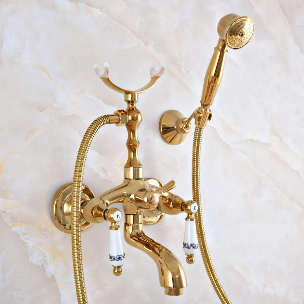 Luxury Gold Color Brass Wall Mounted Bathroom Bath Tub Faucet Set with 1500MM Hand Held Shower Spray Mixer Tap 2na963